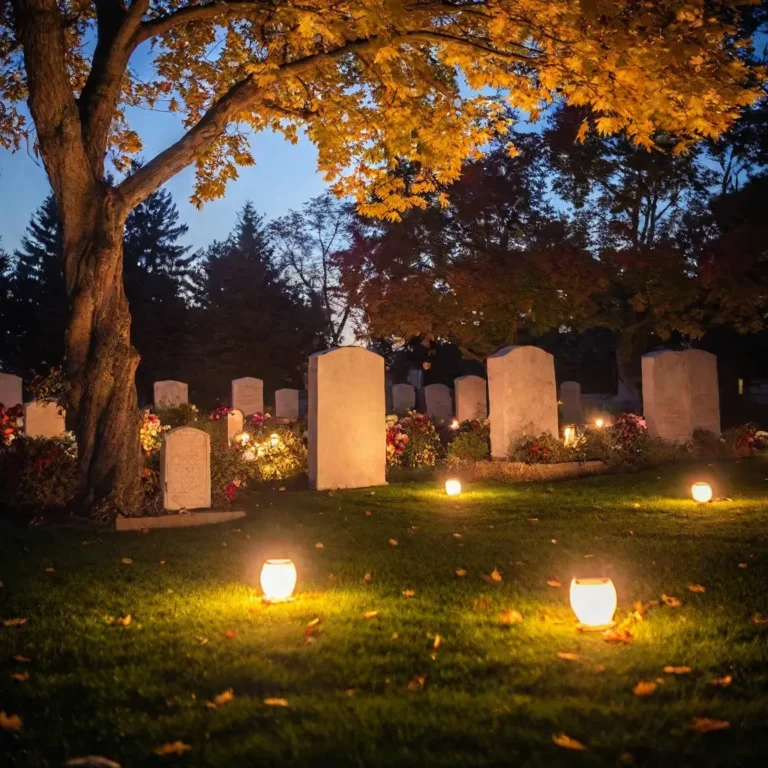 candles lighting up a graveyard on All Saints' eve, with flowers placed on graves to honor those who have passed away.