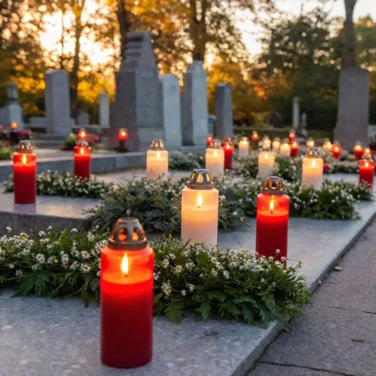 Decorated graves with candles and flowers on Alla helgons dag, a day of reflection.