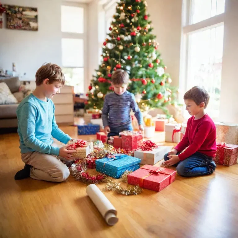 Bright Christmas Day, kids playing, wrapping paper everywhere, festive tree.