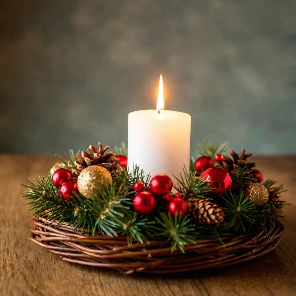 A candle shining on a wreath, signaling the beginning of Advent and the countdown to Christmas.