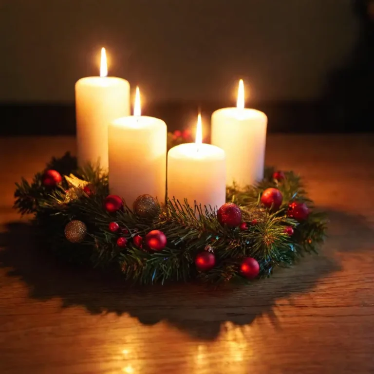 Four candles brightly burning on a wreath, indicating the fourth Sunday of Advent and the imminent arrival of Christmas.