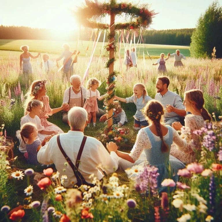 A happy Midsummer's Eve picture, with families coming together around a maypole decorated with colorful ribbons, enjoying being close to each other in the beautiful outdoors.