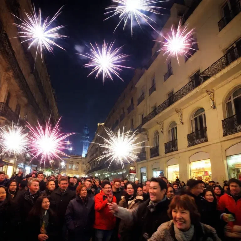 Crowd celebrating with fireworks at a New Year’s Eve countdown