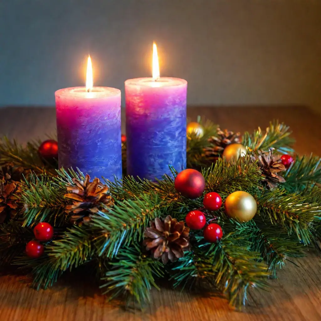 wo candles alight on a wreath, marking the second Sunday of Advent and the excitement building towards Christmas.