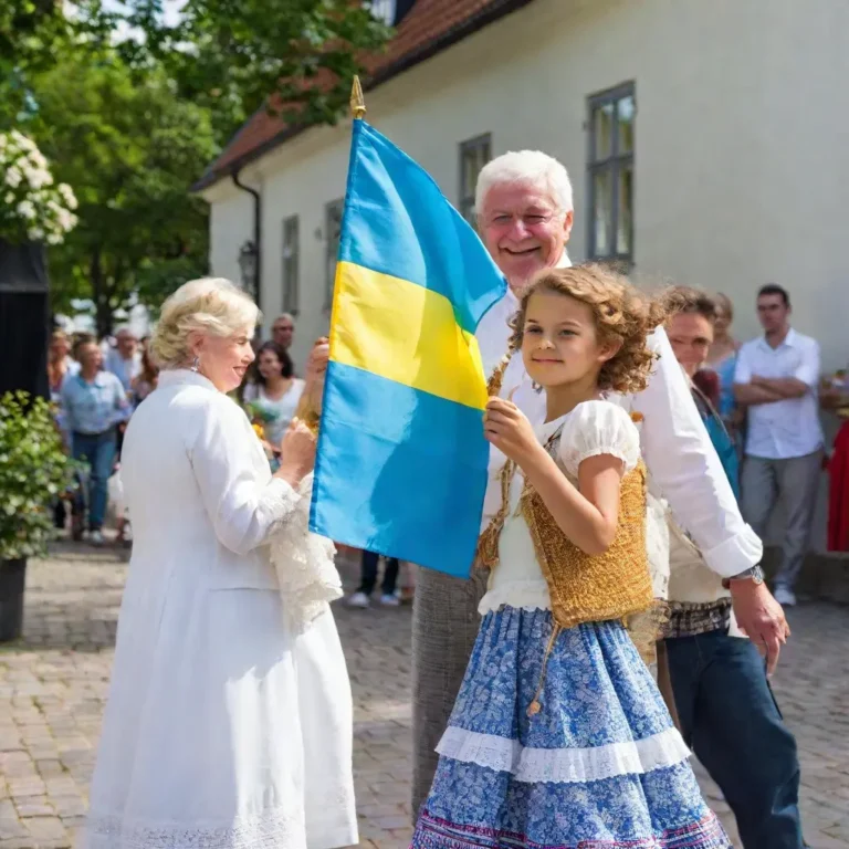 A young girl and an elderly man, both dressed in traditional Swedish attire, hold a blue and yellow Swedish flag during a National Day (Nationaldag) celebration in Sweden.