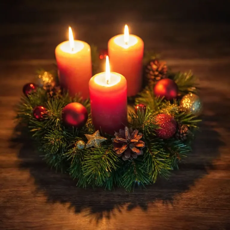 Three candles glowing on a wreath, symbolizing the third Sunday of Advent and the nearing of the holiday season.