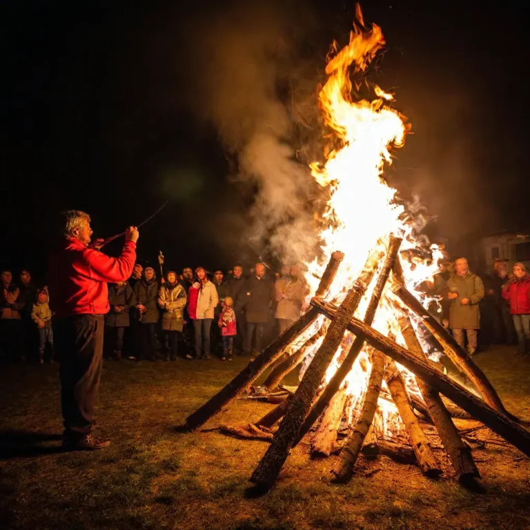 A bonfire surrounded by people in a field.