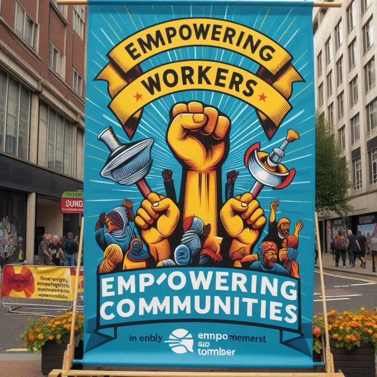 A close-up of banner with message advocating for workers' rights and solidarity on may day