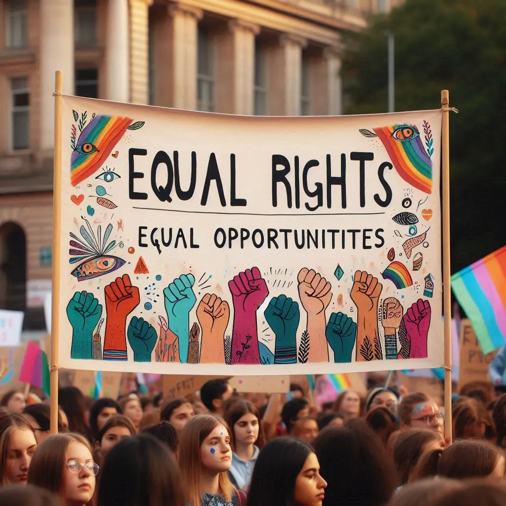 A group of people holding colorful banners and marching in a parade.